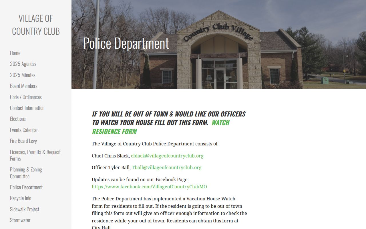 Andrew County Country Club Village Police Department official contact source