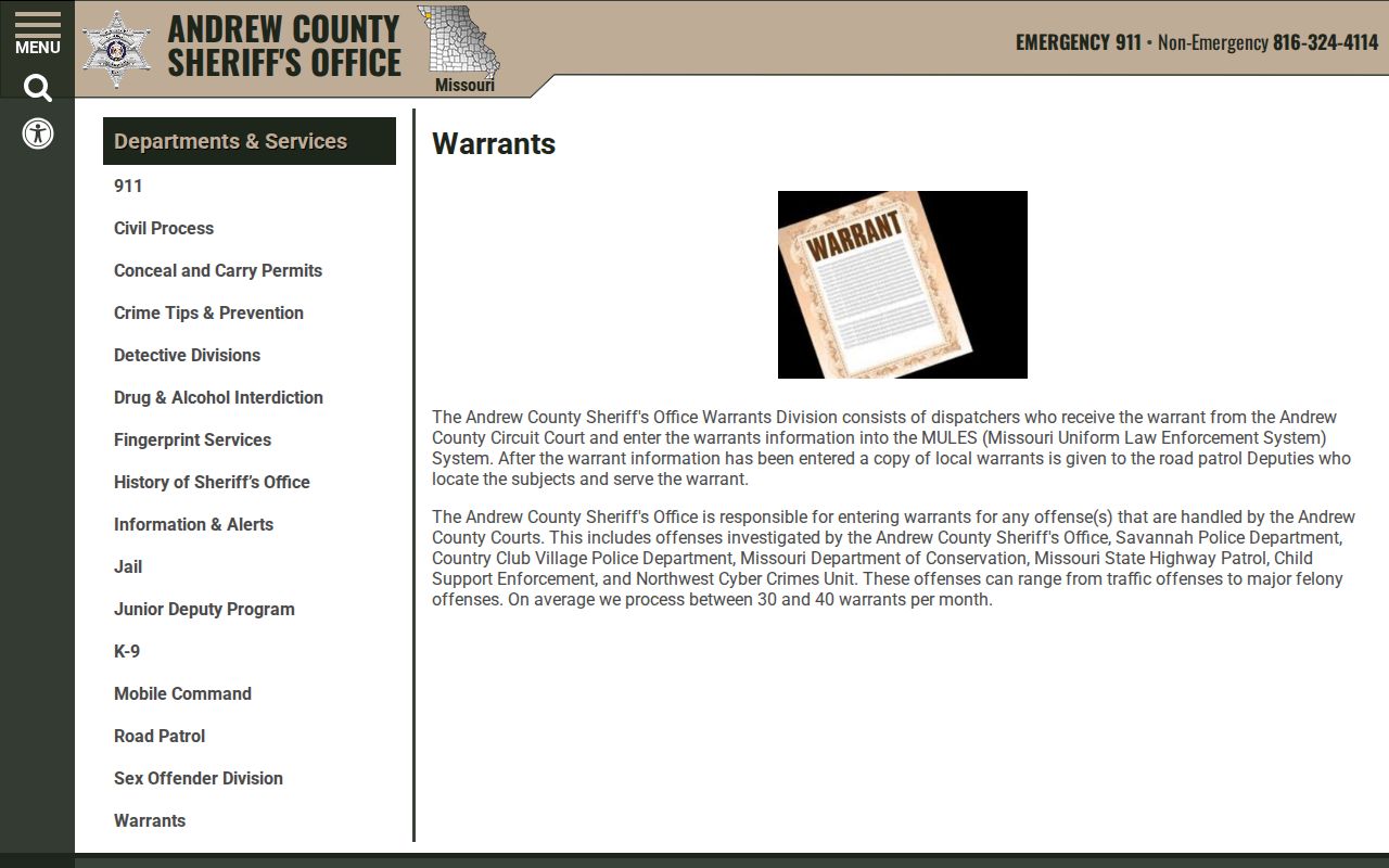Andrew County Sheriff's Office warrant information page